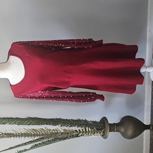 Cato Maroon Sweater Dress with Sequin and Pearl Long Sleeves - Picture 3 of 15